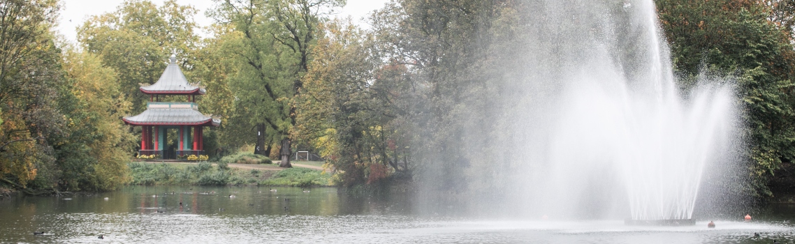 Victoria Park West boating lake with fountain and Chinese Pagoda