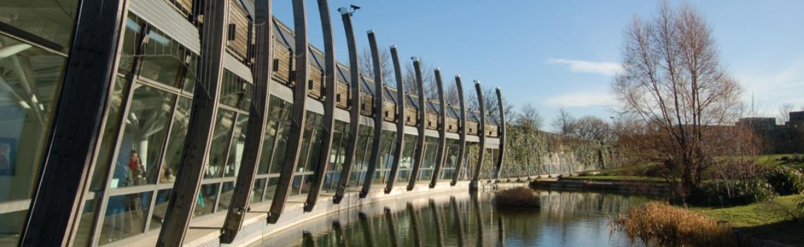 View of Art Pavilion in front of lake