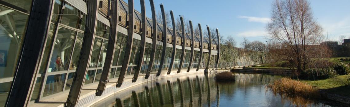 View of Art Pavilion at back and reflection in water