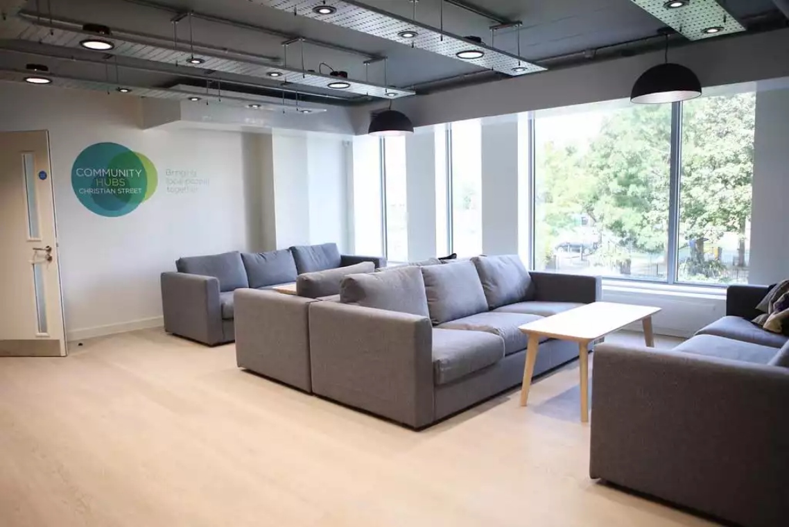 Sofas on the first floor at Christian Street Community Centre