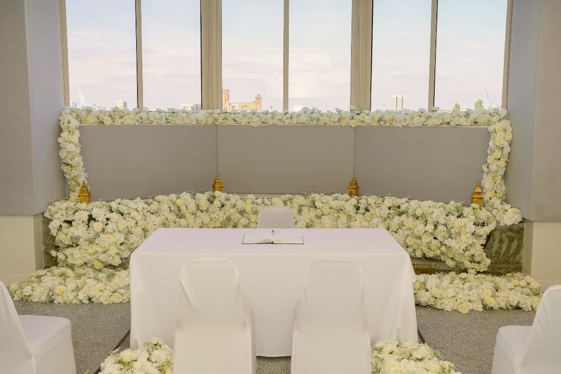 Table and chairs with flowers for wedding ceremony in the Old Operating Theatre
