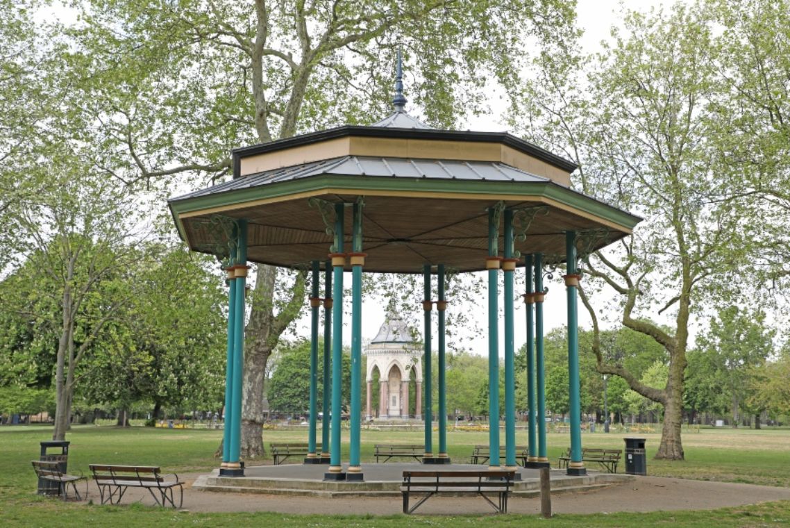 Close up view of bandstand with Burdett Coutts Fountain in background