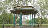 Close up view of bandstand with Burdett Coutts Fountain in background